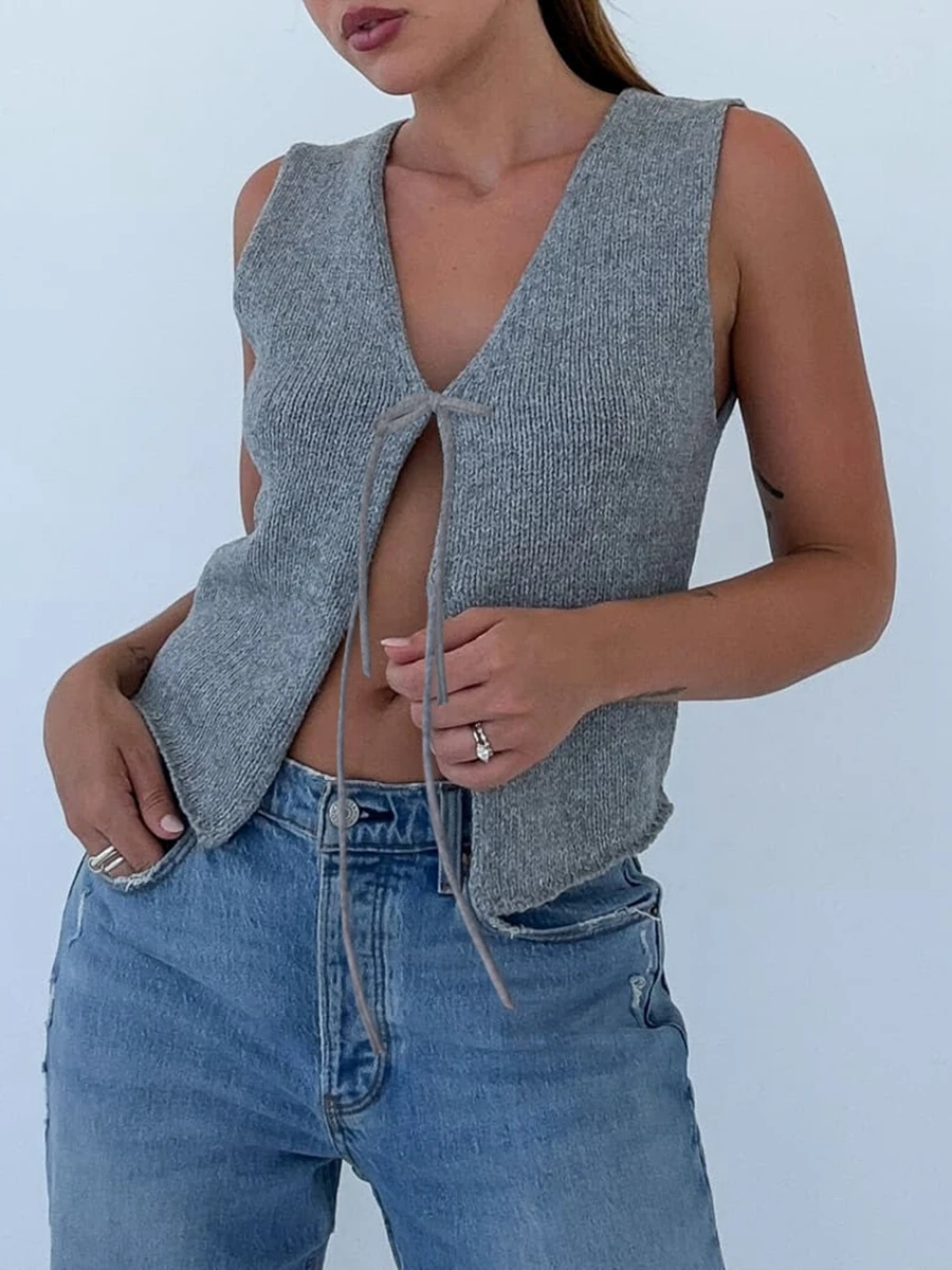 Donne Tie Front Crochet Knit Vest top senza maniche scava fuori Crop top Y2k Vintage Casual con scollo a v Versatile Streetwear