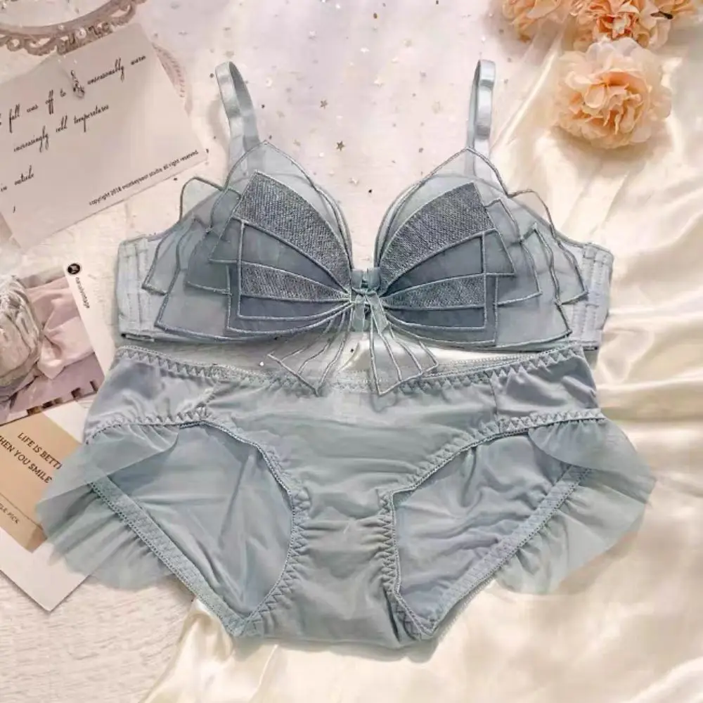

Comfortable Wireless Mesh Bow Bra Ruffle Push Up Sweet Lingerie Set Low Waist Intimates Women Underwear Set Summer