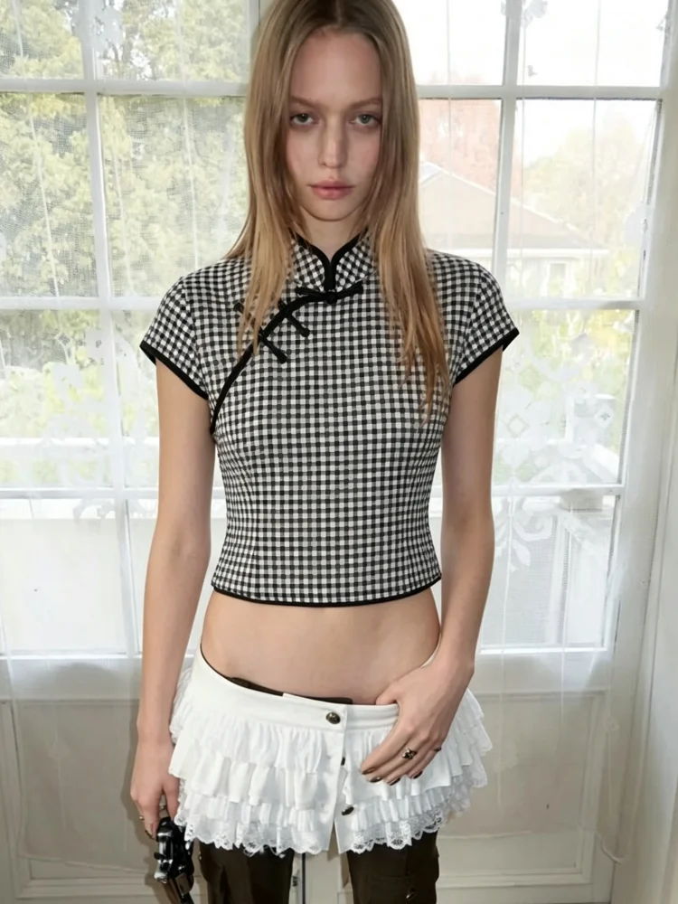 Elegant Chinese Checkered Modified Qipao Top Asymmetric Frog Button Short Sleeve Blouse