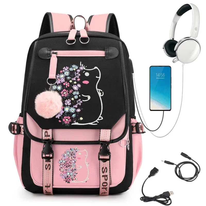 Grande Anime Hedgehog Schoolbag para meninas, Cartoon USB Bagpack para estudante do ensino médio, mochila floral