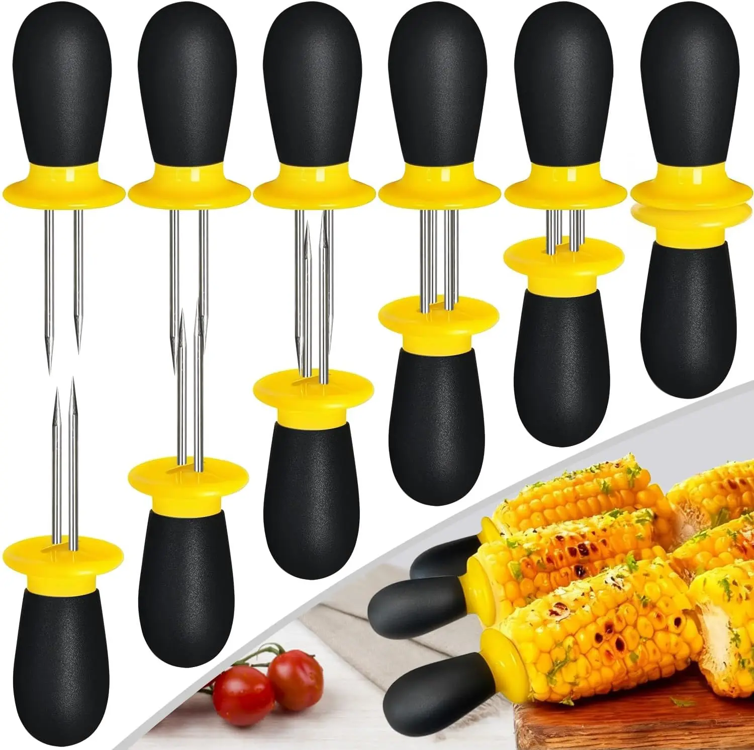 

12 Pcs/6 Pairs Stainless Steel Corn Holders, Yellow-Black Corn Cob Skewers for BBQ, Parties, Camping