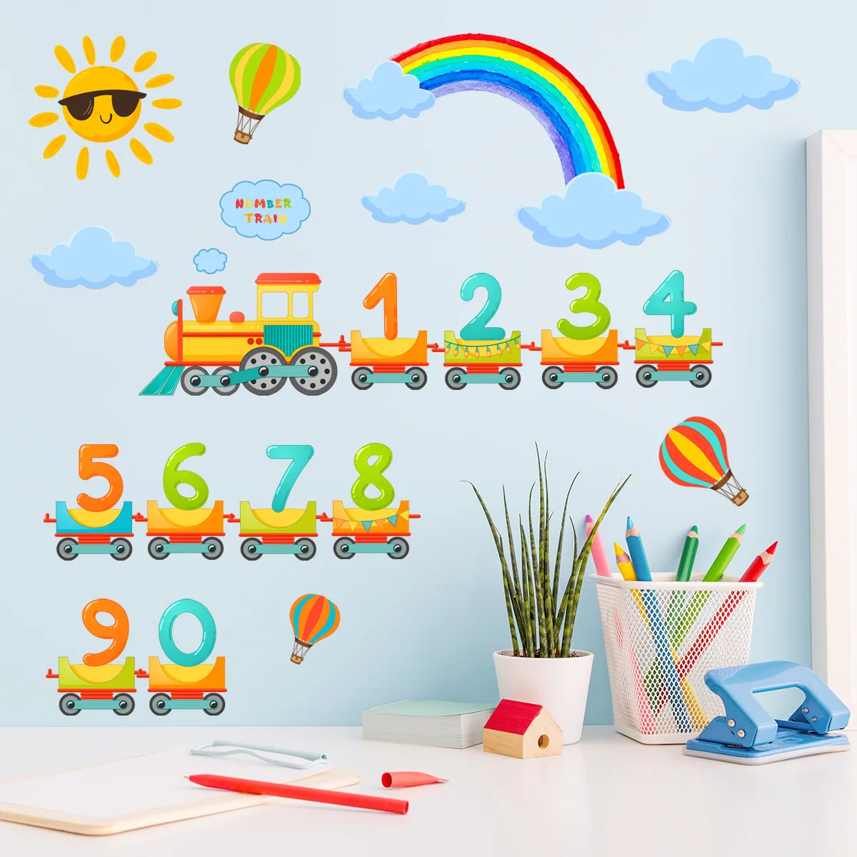 4pcs/set DIY Rainbow Digital Train Hot Air Balloon Wall Sticker Background Wall Decoration Self-adhesive