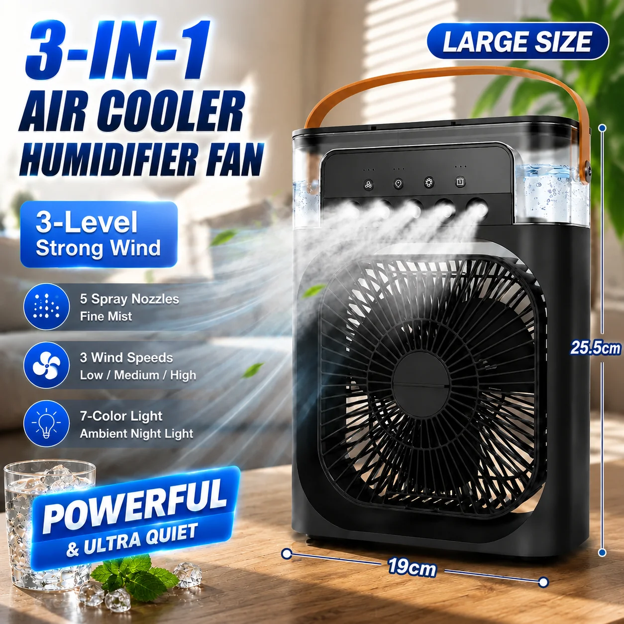 Ventilador Três em Um com Ar Condicionado, Luz LED, Umidificador Portátil, Ventilador de Ar Condicionado com 3/100 Velocidades, Ventilador Frio para Viagens ao Ar Livre