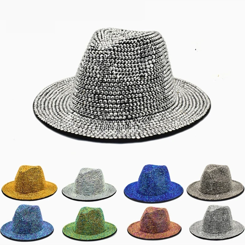 Unisex Full Diamond Adjustable Fedora Hats Women Wide Brim Rhinestone Panama Cap Men Personality Jazz Caps Party Stage Top Hat