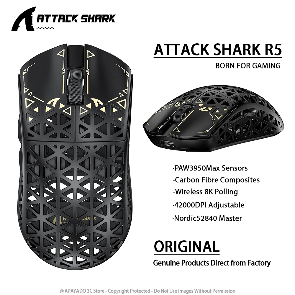 

Attack Shark R5 Ultra Mouse Gaming Pro Беспроводная связь из углеродного волокна 8K Polling PAW3950MAX 42000DPI OMRON 100M Переключатели