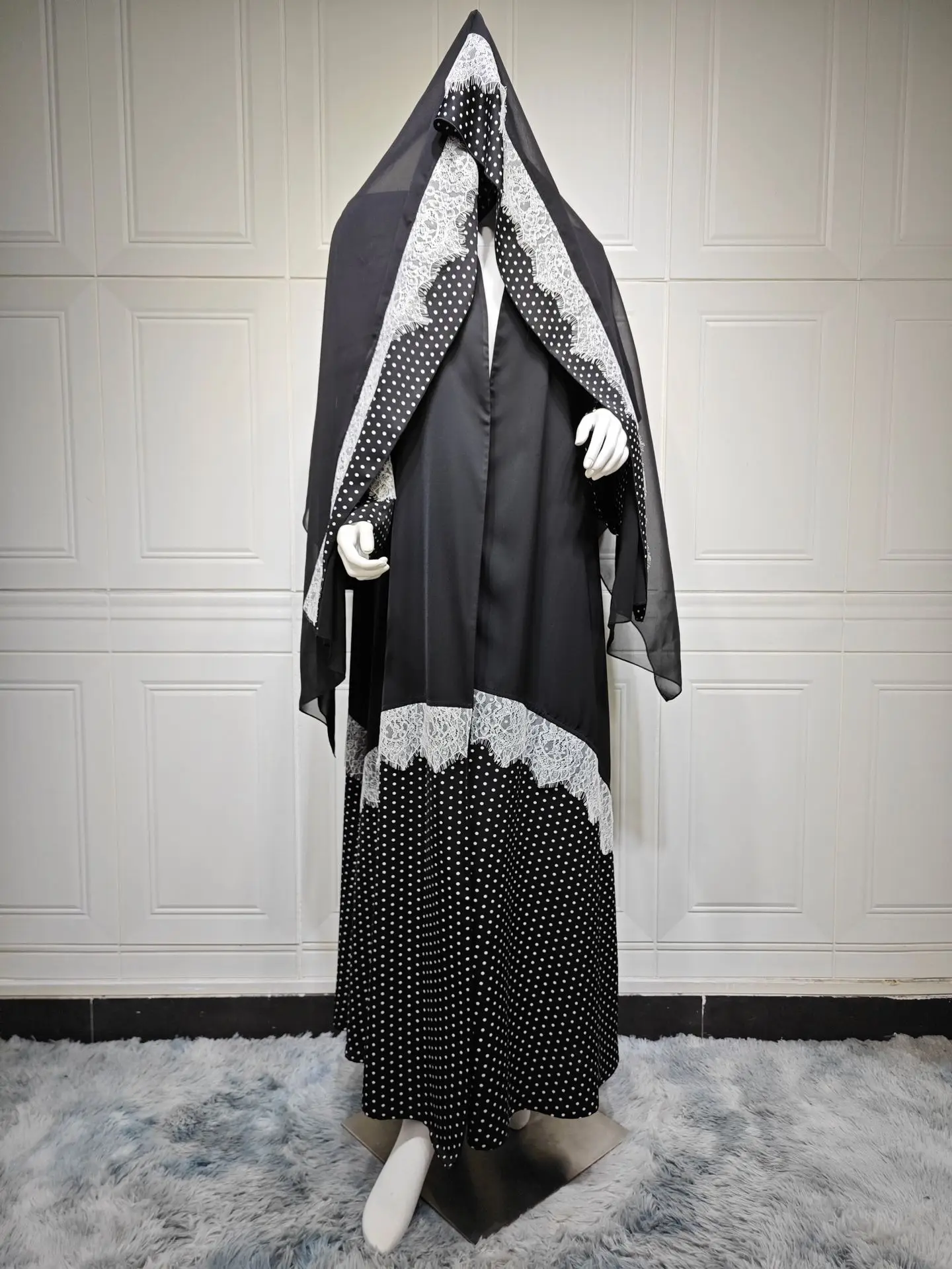 Abaya Hijab Women 2 Piece Set Eid Muslim Cardigan Robe Khimar Suit Lace Dresses Ramadan Dubai Kaftan Islam Vestidos Jalabiya 6
