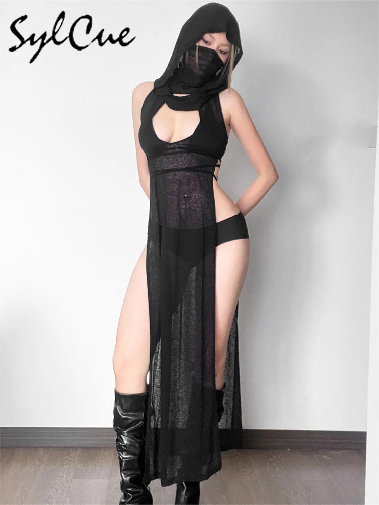 Nibber 2024 verão high street travel legal confiante preto misterioso sexy aberto avant-garde sexy quente legal vestido com capuz feminino