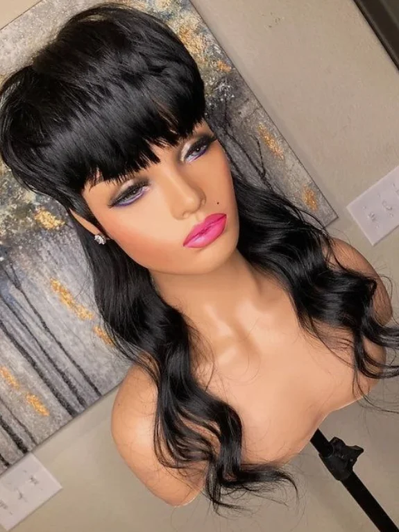 Wig rambut manusia panjang dengan poni Wig gelombang tubuh Brasil Wig Mullet untuk wanita