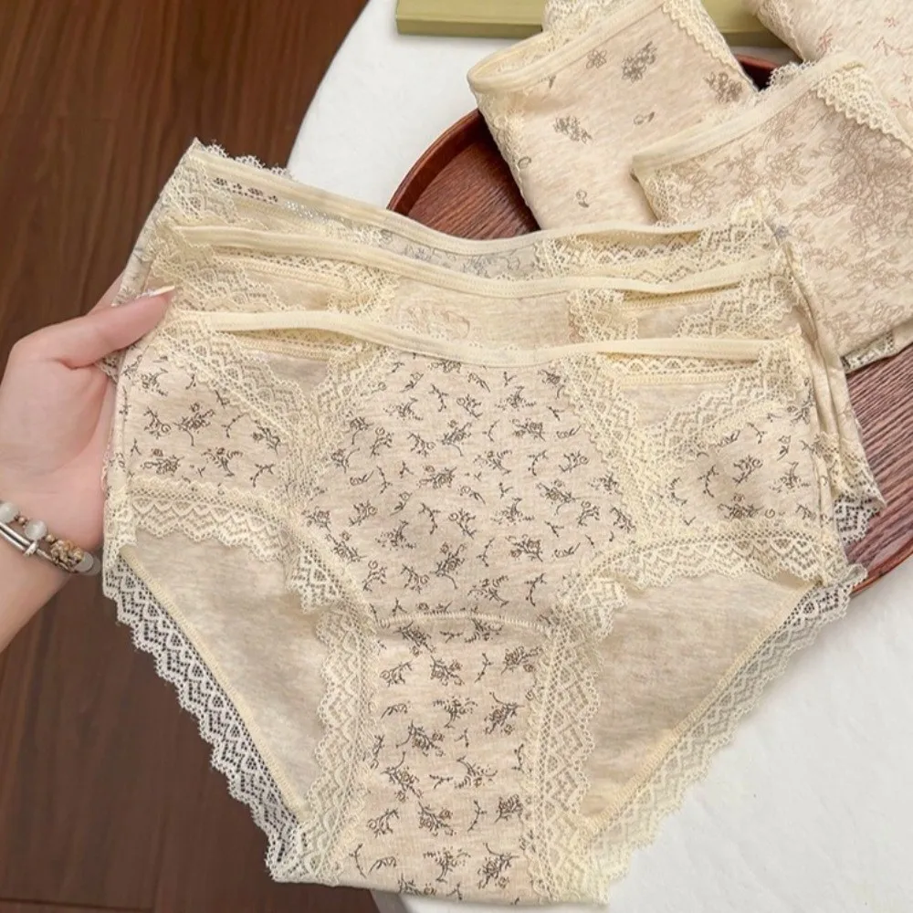 Transparent Lace Cotton Panties Seamless Mid Waist Underwear for Women Printing Bear Floral Lace Briefs Spring Summer