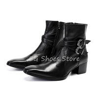 Gentleman Party Dress Shoes Fashion Square Toe Chunky Heel Men's Mid-Calf Boots Punk Belt Buckle Decor Male Chelsea Boots