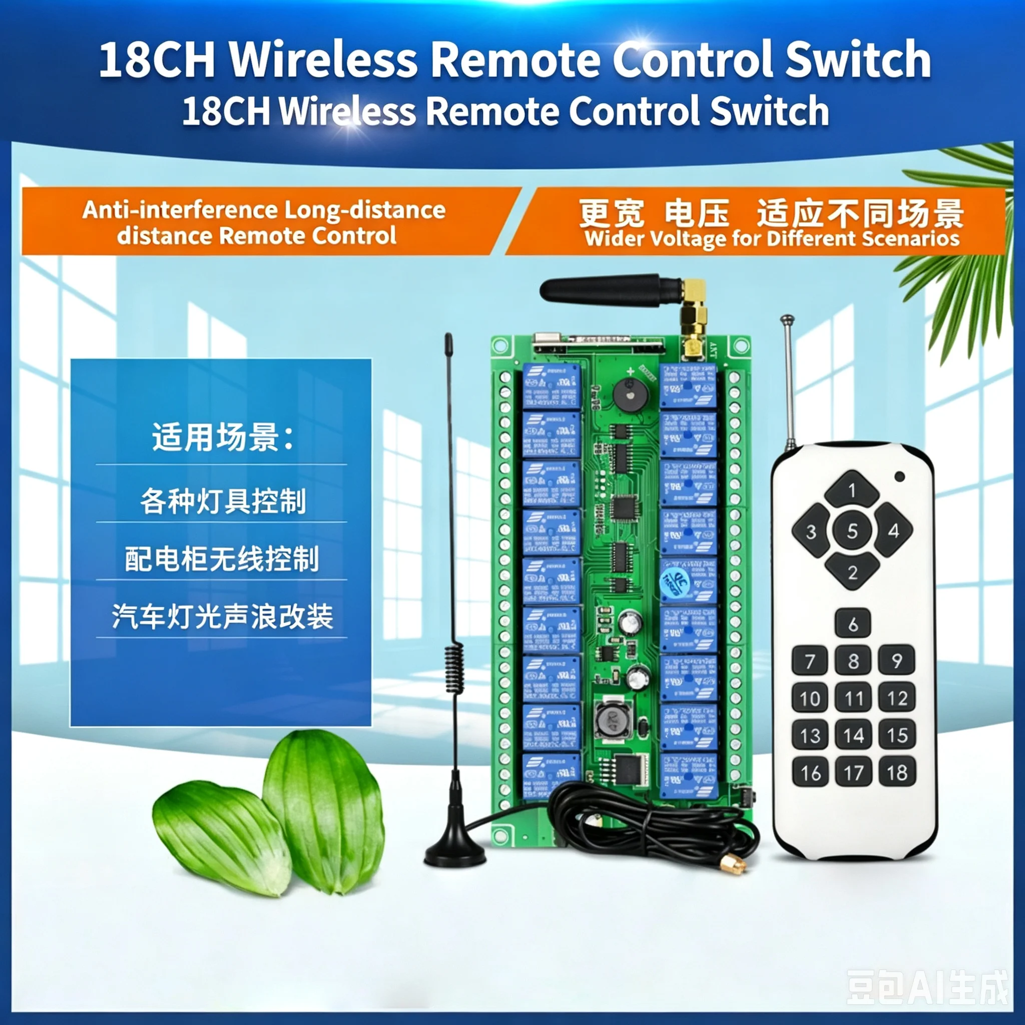 RF Remote Control Switch 18-Ch Receiver DC12V 24V 36V Wide Voltage Control Solenoid Valve Lighting Water Pump Motor Equipment