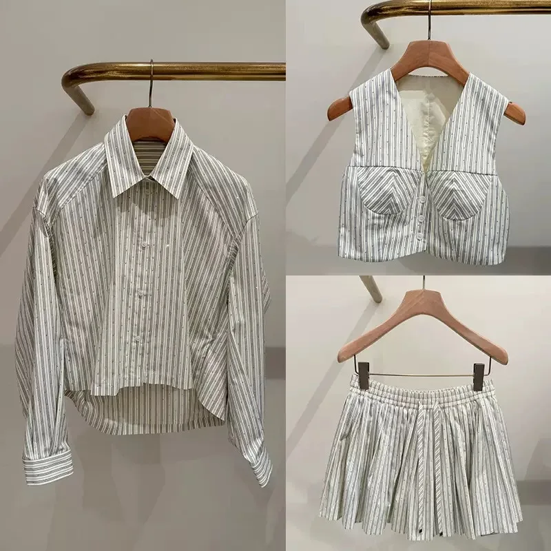 

Spring/Summer Women Rhinestone Striped Set Long Sleeve Single-breasted Shirt + Sleeveless V-Neck Vest + Pleated Loose Mini Skirt