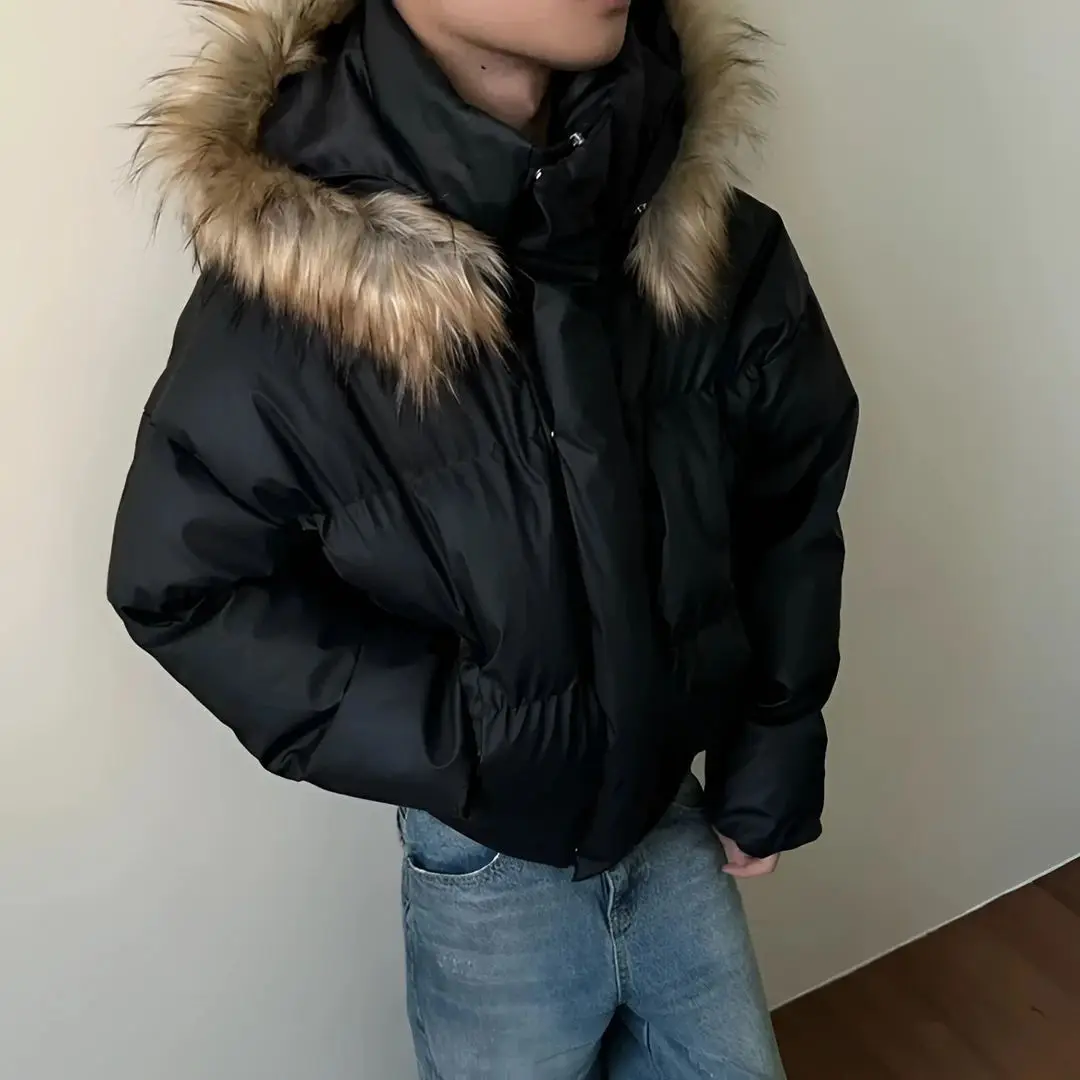 معاطف بقلنسوة بياقة من الفرو الأسود سترات شتوية أمريكية عالية الشارع منتفخة دافئة سميكة وفضفاضة ملابس خارجية موضة ثقافة فرعية فاسق