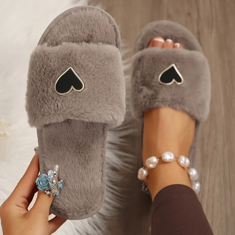 موضة القلب ديكور نعال قماش للنساء شتاء دافئ مريح ارضيات داخلية النعال امرأة المفتوحة تو رقيق منزل الشرائح