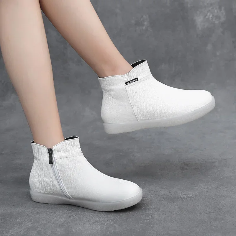 Botines de piel auténtica de vaca para mujer, botas cálidas de lana sin cordones para motocicleta, zapatos supercómodos de invierno, color blanco