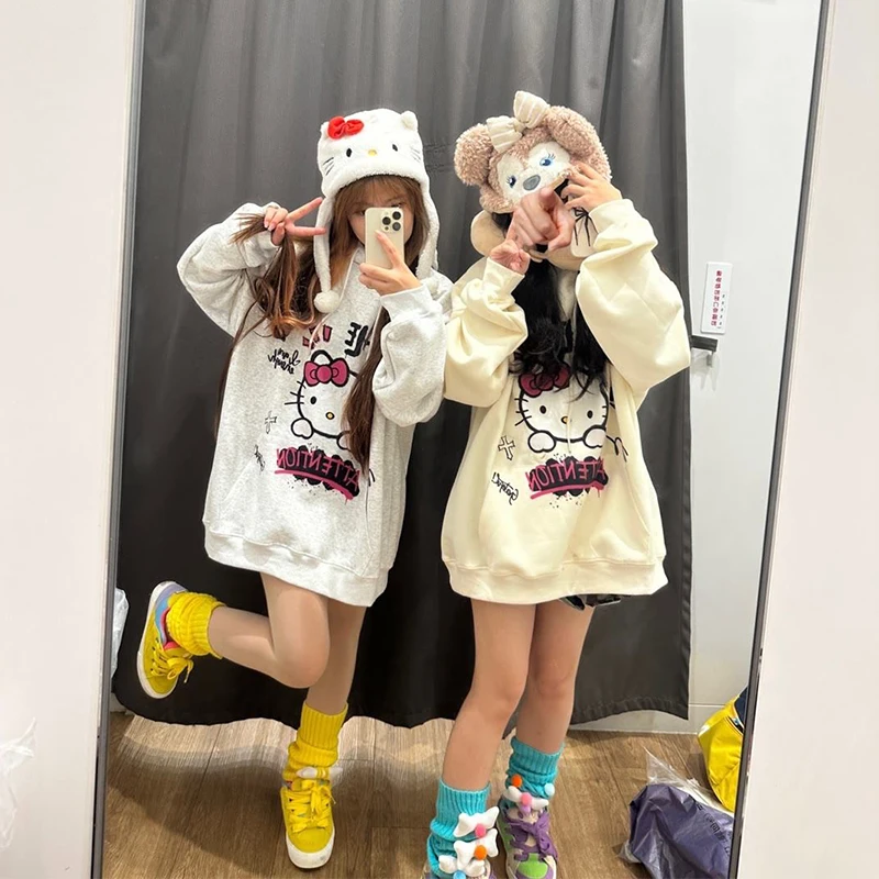 

Sanrios Hello Kitty Cartoon Hooded Sweater Anime Printing Female Autumn Winter Plush Student Best Friend Fashionable Tops Gift