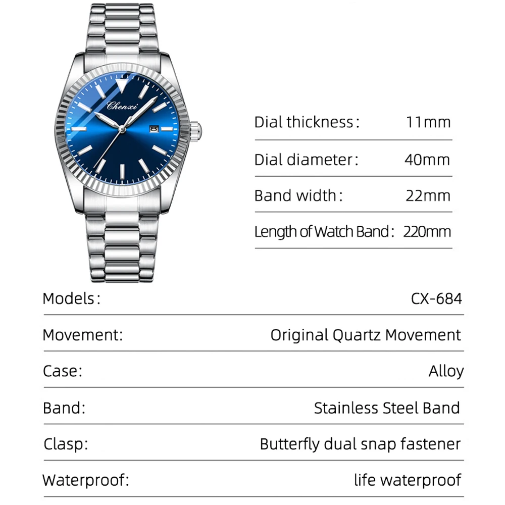 CHENXI Business Style Luxury Men Watch Stainless Steel Quartz Waterproof Wristwatch Luminous Man Watch Date Relogios Masculino