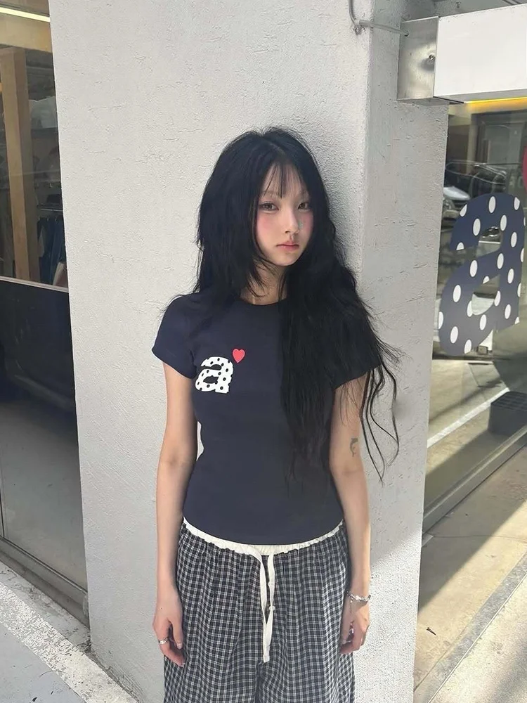 AEAE Letter Print ort Sve T-Shirt Damen Sommer rund Ne Slim Fit Top Casual Sle Baumwolle Reiner Stoff Niedrige Taille