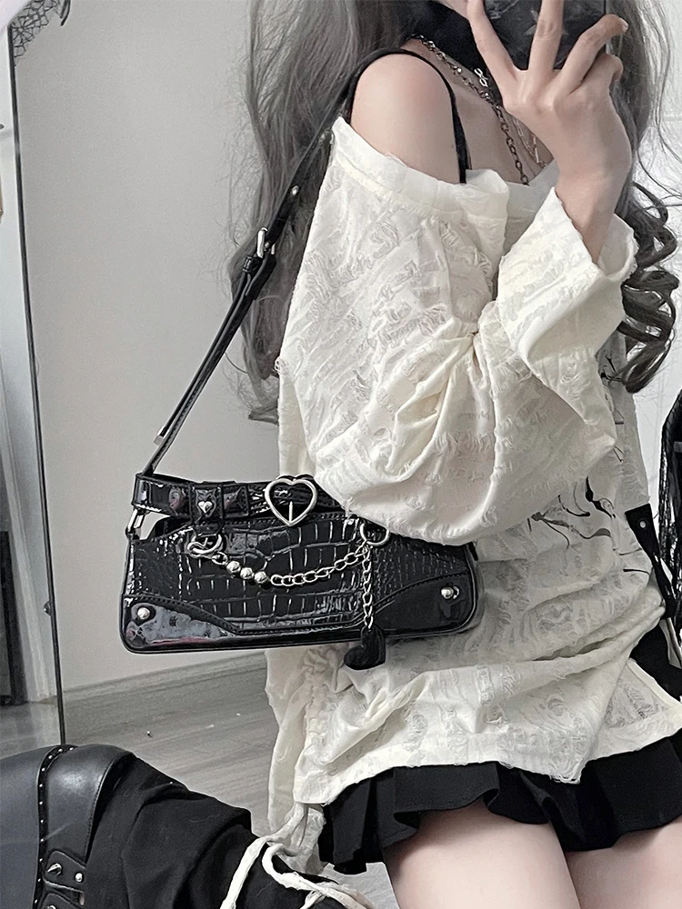 Hot Girl Fashion Women's Handbag Shoulder Bags Spring Autumn Japanese Y2K Metal Decorative Chain Shoulder Bag Messenger Bags