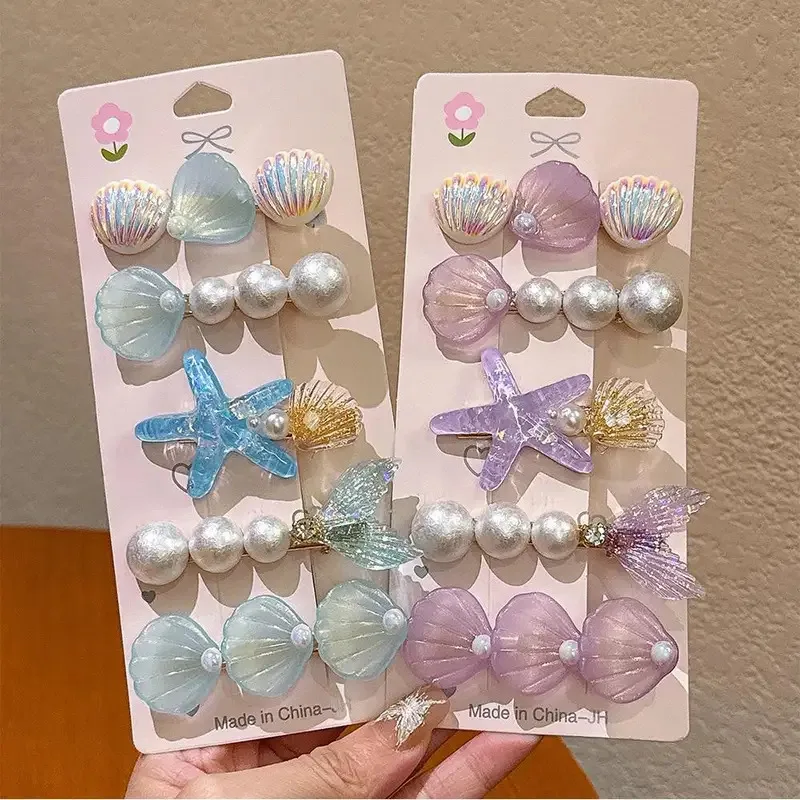 

5Pcs Shell Pearl Hair Clip Summer Beach Bangs Side Clip Ocean Series Resin Metal Hairgrip Barrettes Geometric Hairpins