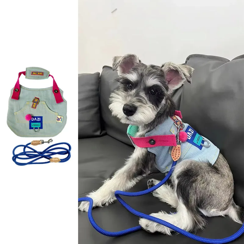 

Luxury Pet Harness Summer Dog Denim Suspenders for Schnauzer Pomeranian Teddy Adjustable Harness Backpack for Pet Travel Walk