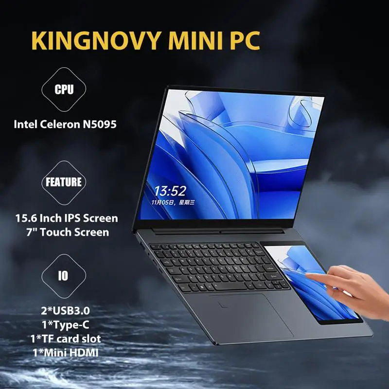 Top Cheap L10 Dual Screen Laptop 15.6 Inch IPS + 7'' Touch Intel Celeron N5095 Max 16G DDR4 2T SSD Slim Office Notebook PC