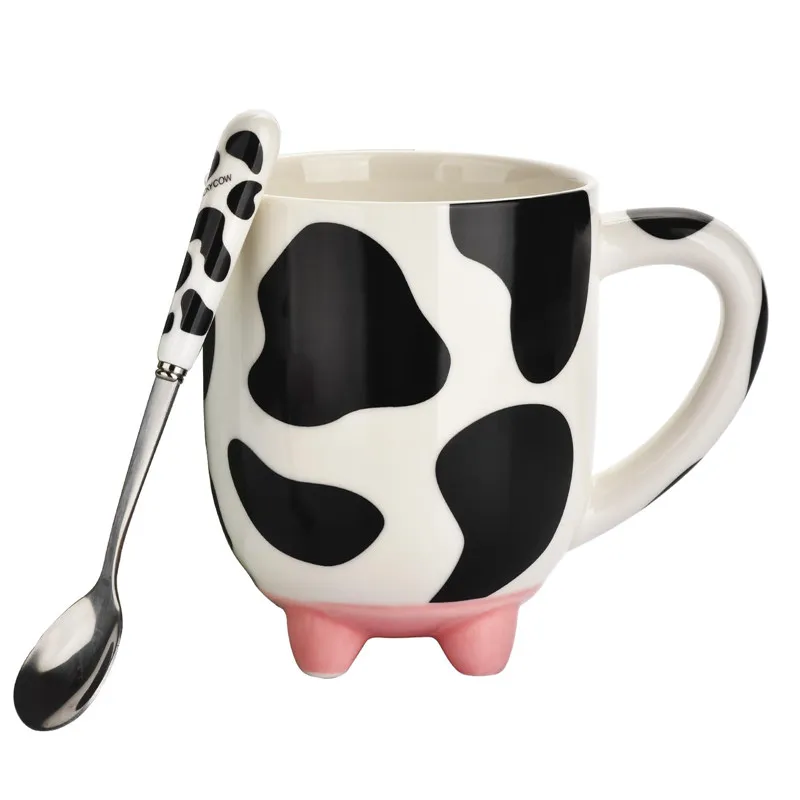 Cow Print Ceramic Mug with Cow Spoon 13oz Coffee Mug Cute Mugs Birthday Gifts for Women Milk Cup Water Cup Non-Slip Feet
