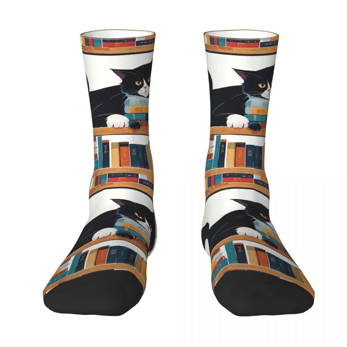 

Cute Tuxedo Cat And Bookstore Socks Harajuku Sweat Absorbing Stockings All Season Long Socks for Man's Woman's Christmas Gifts