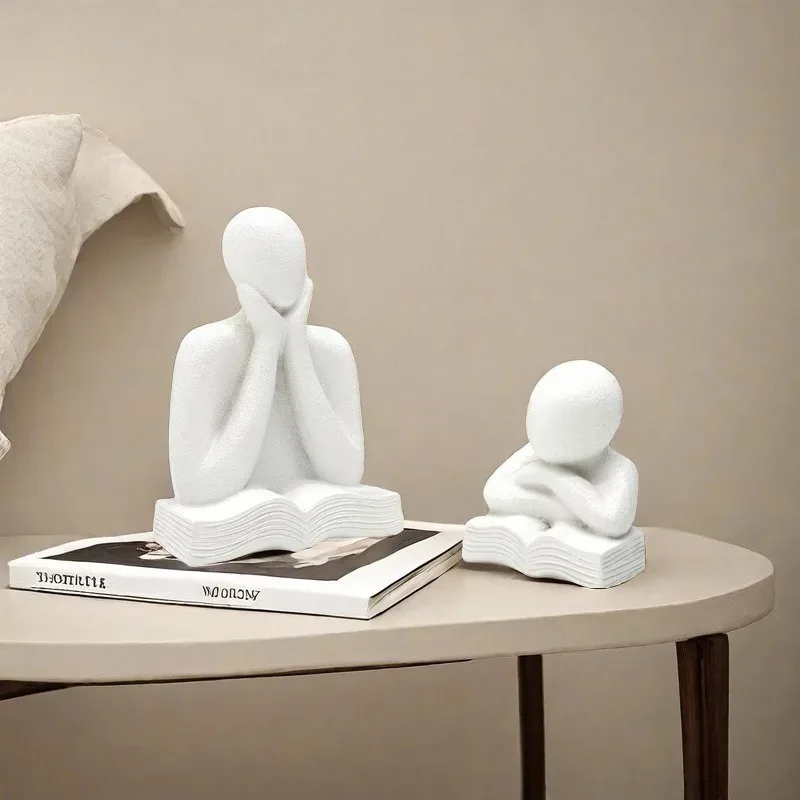 Zen Quiet Reading Abstract Figurine, Frosted White Sand Grain Resin Statue, Chinese Style Light Luxury Bookshelf Table Decor