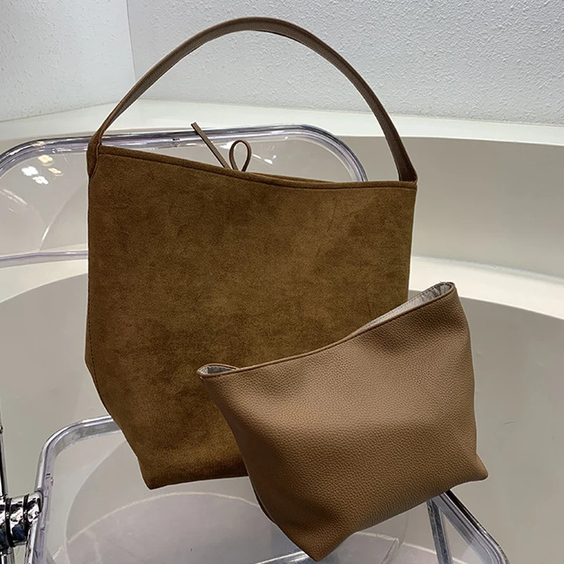 

Faux Suede Composite Bags For Women Luxury Designer Handbags Purses 2024 New In Vintage Large Capacity Bucket Underarm Shoulder