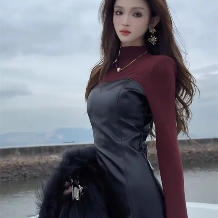 인터넷 셀러브리티 패션 핫 드레스 여성용 2025 가을 겨울 신상 대비색 스플라이싱 슬림 핏 미디 스커트