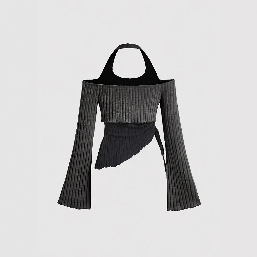 2025 가을 긴 소매 짧은 스플라이싱 레귤러 소매 봄 울 니트 셔츠 슬림핏 여성 니트 셔츠 패션