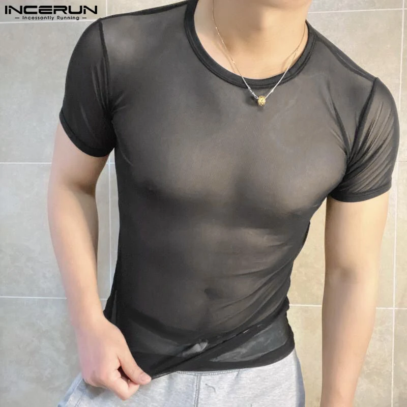 2024 Men T Shirts Mesh Transparent O-neck Short Sleeve Streetwear Men Clothing Solid Color Sexy Fashion Camisetas S-3XL INCERUN