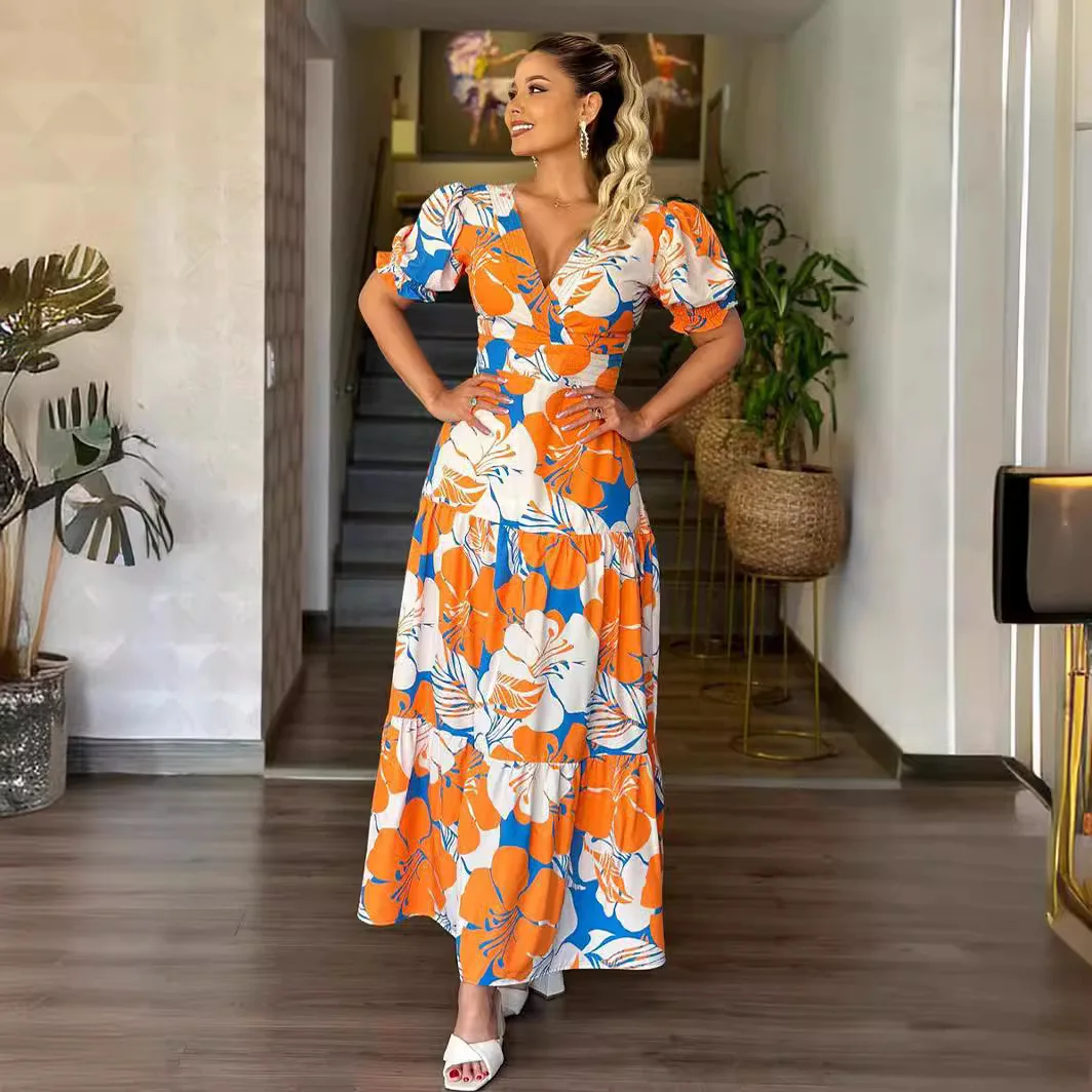 

Sexy Deep V-neck Print Dress For Women Fashion Puff Sleeves High Waist Big Hem A-line Long Dresses Spring New Commuter Robe