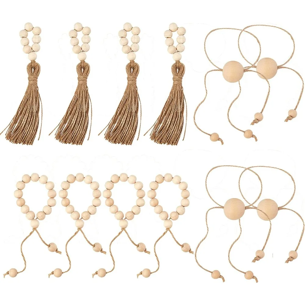 

12 шт., 3 стиля, деревянная гирлянда из бисера, деревянные кольца для салфеток из бисера в фермерском доме с кисточками, сервировка стола, аксессуары для декора свадебной вечеринки