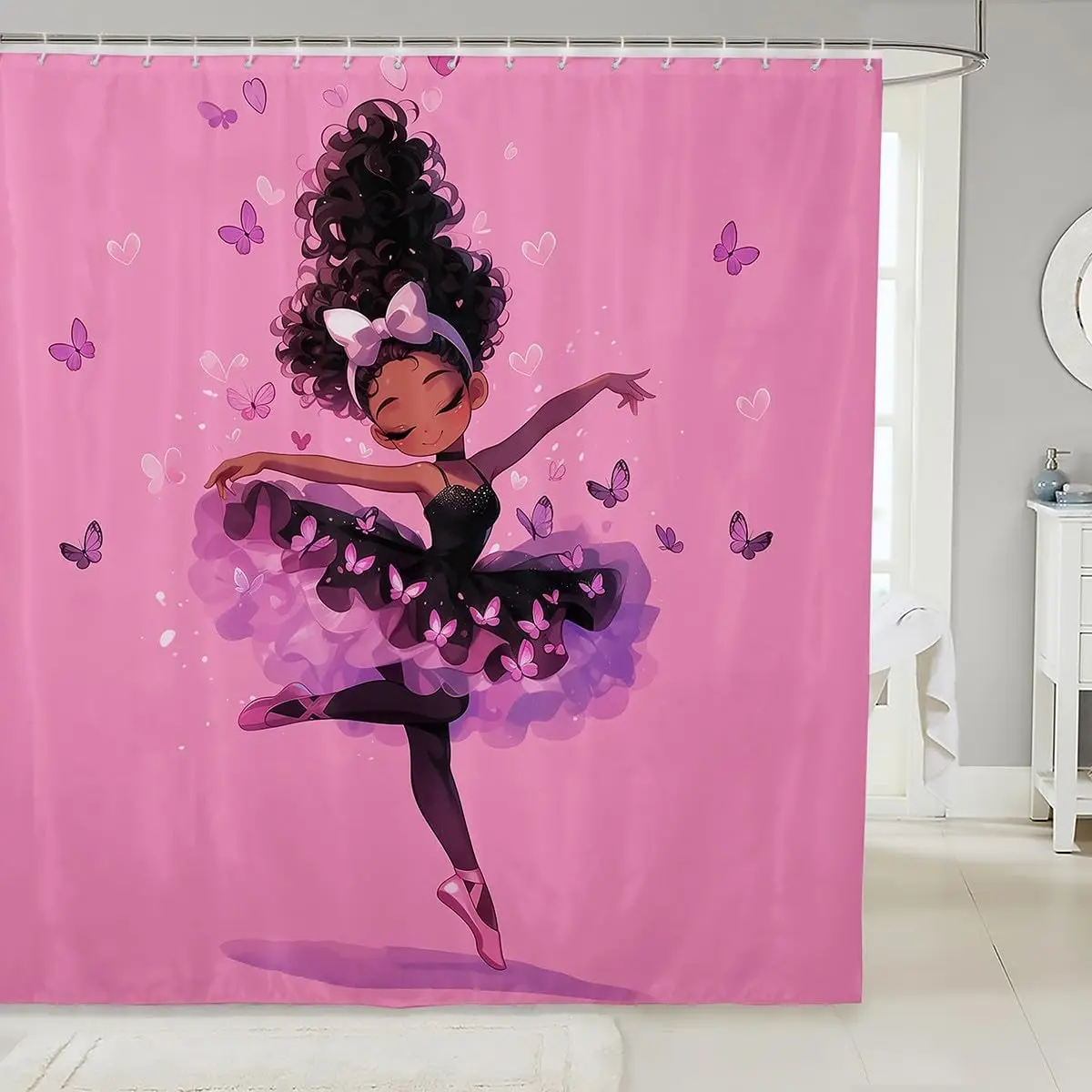Whimsical Ballet Dancer Pink Shower Curtain Waterproof Bathroom Decor for Girls Princess Bath Shower Curtain 72x72 Inches