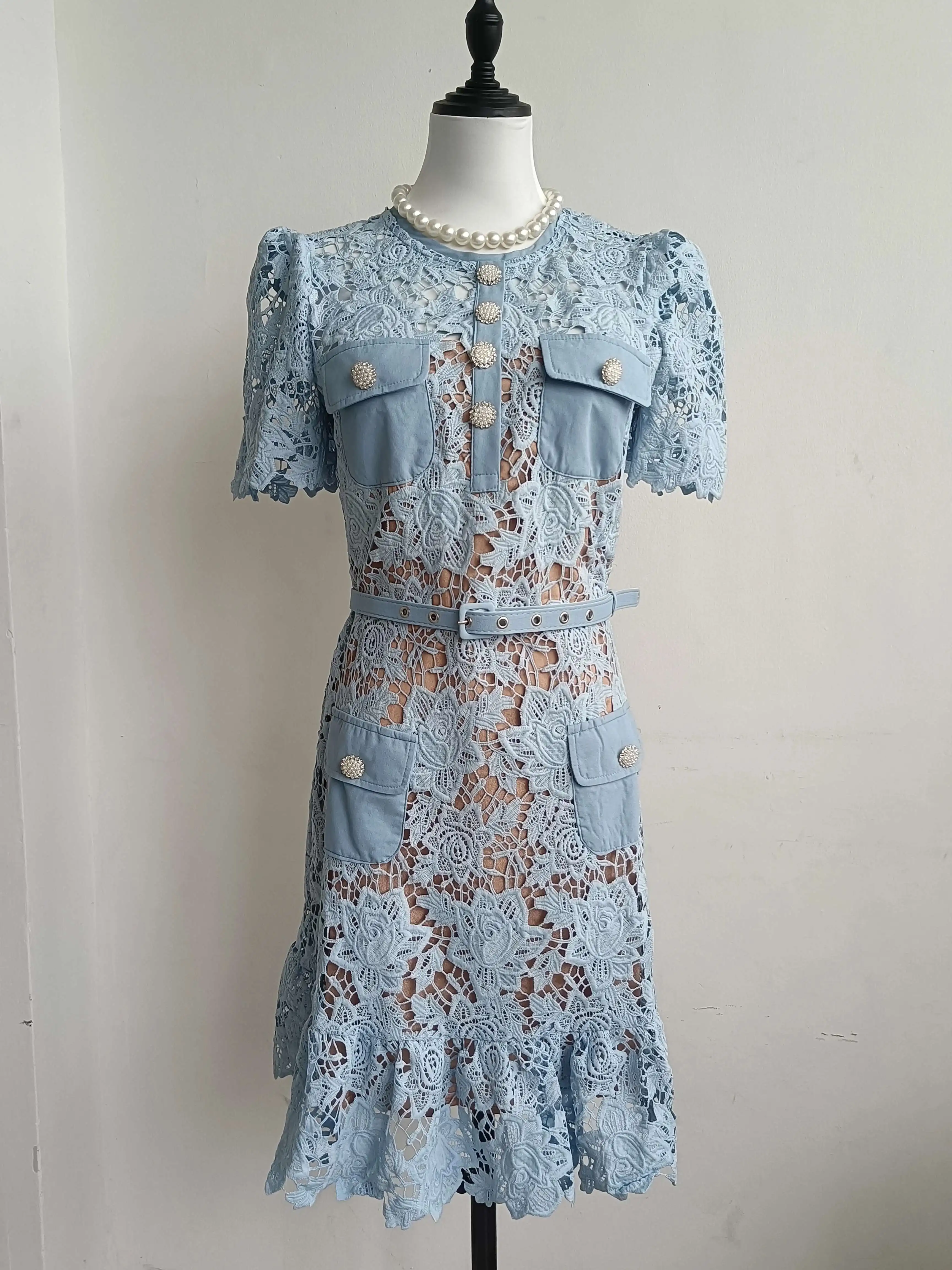 JAMERARY Summer Holiday Party Prom Blue Lace Embroidery Short Dress Women Diamonds Button Mini Vestidos Female Quality