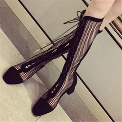 Trend Boots Women 2024 Hollow Out Summer Gladiator Mesh Sandals Lace-up stivali alti al ginocchio Chunky Heel Long Botas