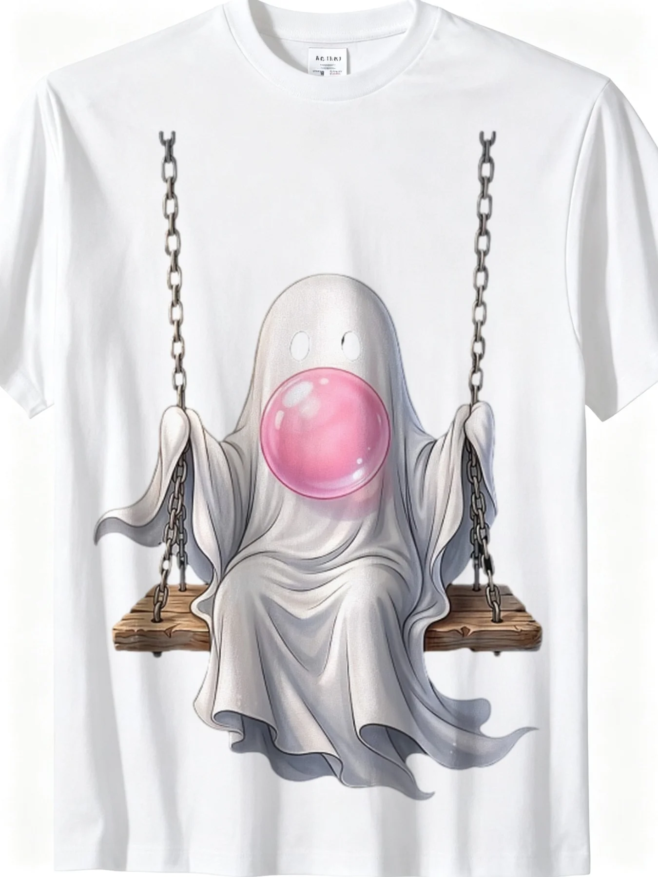 Funny Graphic Men'S T-Shirt Cute Ghost Blowing Pink Bubble Gum on Swing Men'S T-Shirt Machine Washable Sports Short Sleeve Regular Fit