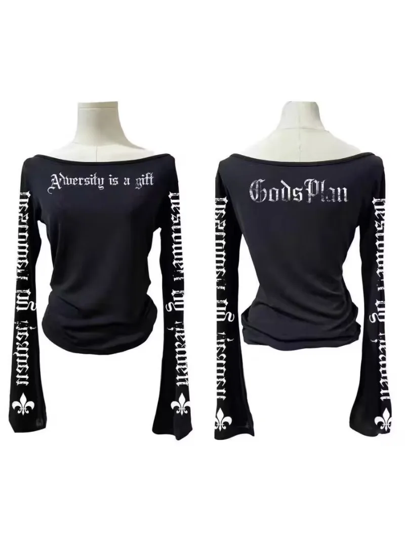 

Subcultural Darkly Series Slash Neck Long Sleeve T-shirt Old Print Slimm T Shirt Women Punk Top Vintage Clothes Streetwear Women