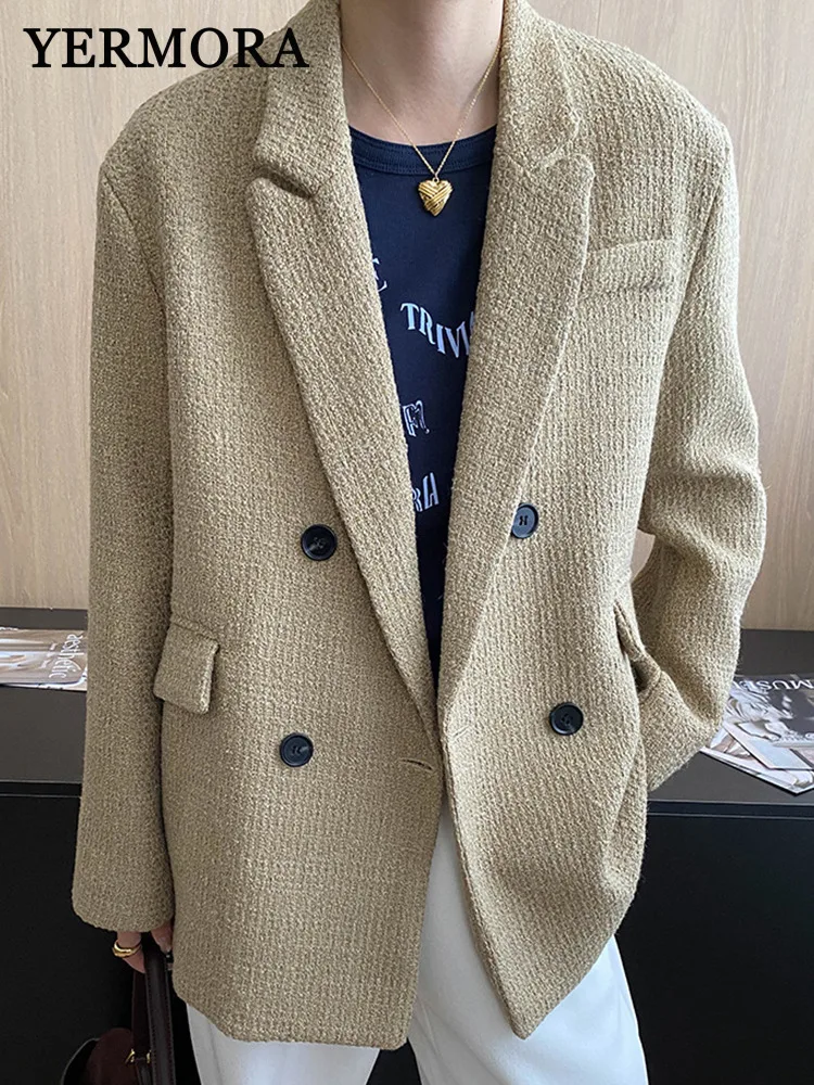 

YERMORA Khaki Texture Button Casual Blazer For Women Lapel Long Sleeve Loose New Jacket Fashion Tide Autumn Winter 2025