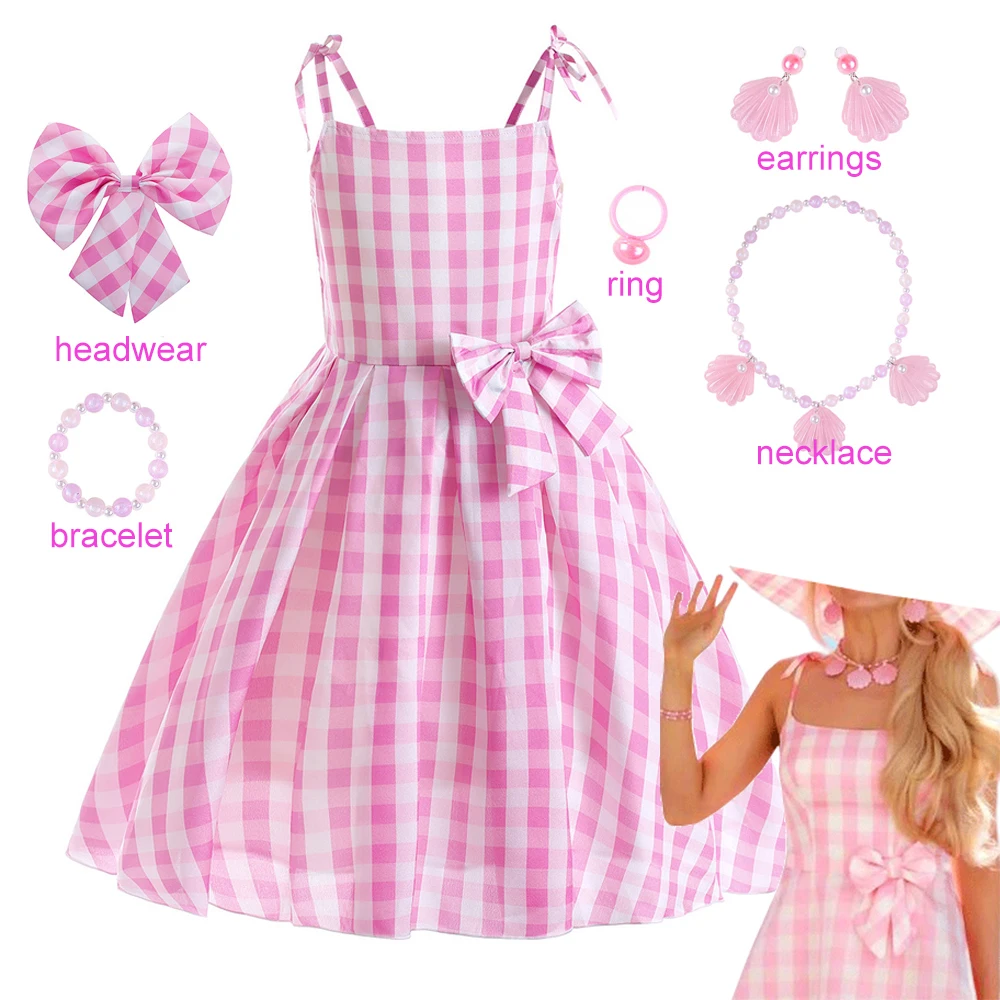 Ropa de Cosplay de la película Barbi para niñas, vestido a cuadros rosa, disfraz de Halloween para niños, trajes de fiesta de carnaval, collar, pendientes, tocado, 2023