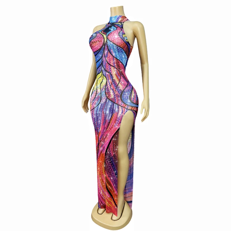 نساء حفلة احتفال ثوب ملون الراين مهرجان ملابس مرحلة أزياء مسرحية فساتين الحفلات المسائية XS10451