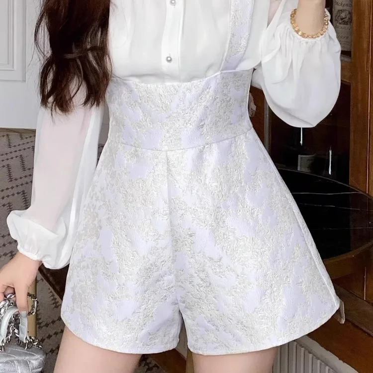 Simple O-neck Mesh Long Sleeve White Shirts Women+ Y2k E-Girl Adjustable High Waist Strap Shorts Spring New Two Piece Sets