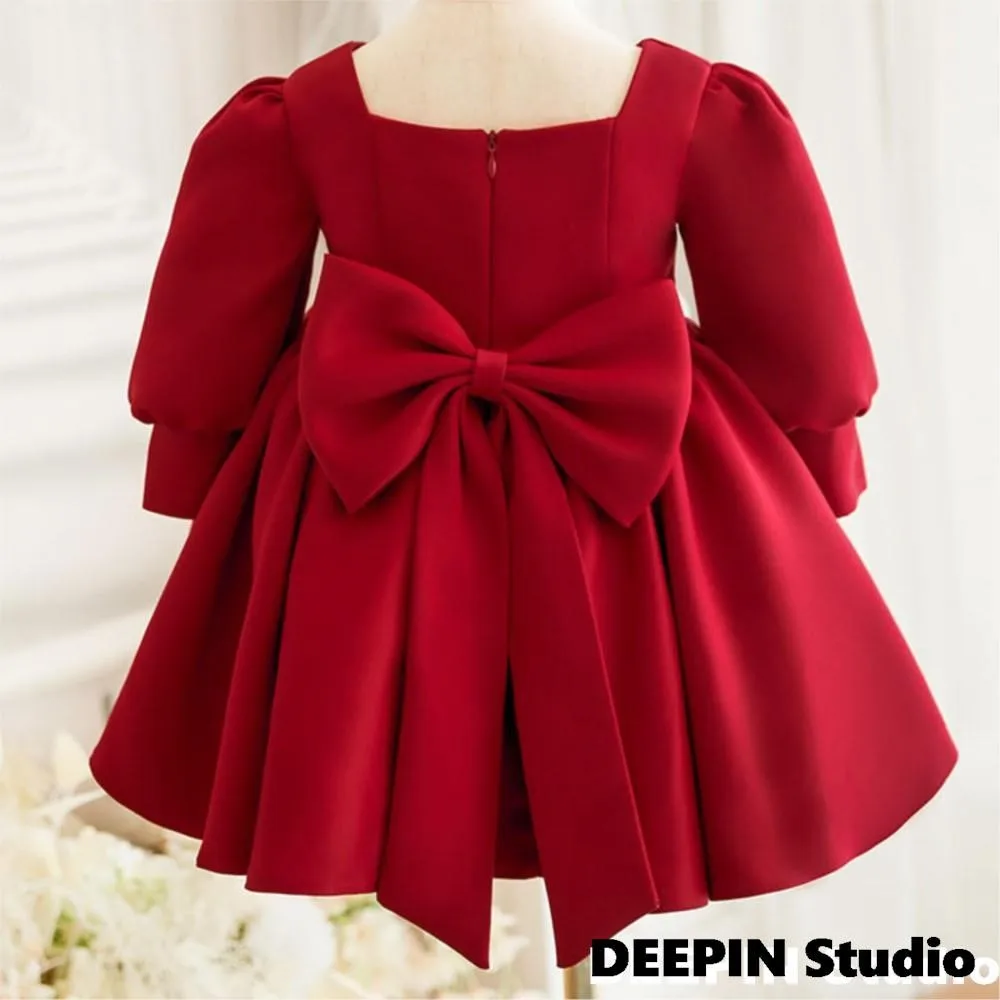 Red Bow Tie Dresses For Girls Dress Party  2024 New Children's Dress Girl Clothes Long Sleeve Princess Dress Children's Clothing