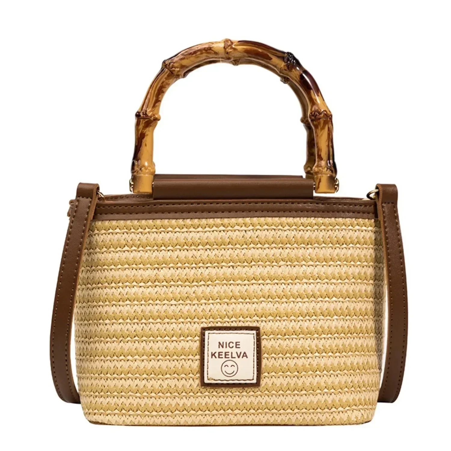 2024 Summer Unisex New Textured Bamboo Handle Woven Bag Travel Vacation Fashion Crossbody Straw Bag Ladies Wallet Handbag