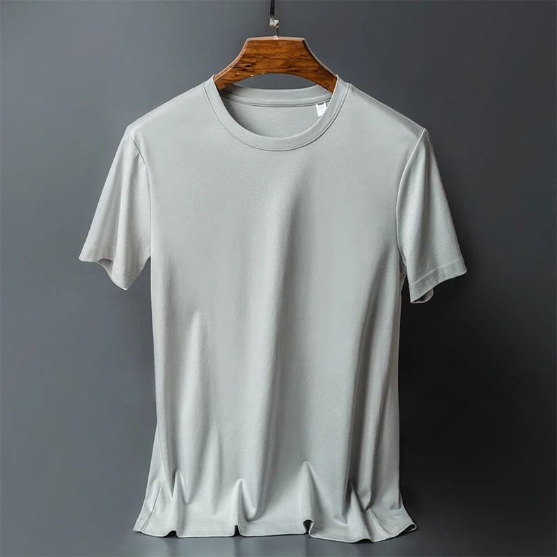 2024 Summer 100% Mercerized Cotton Men Silk T-shirts O-Neck Short Sleeve Loose Straight Tops Simple Casual Tees For Minimalist