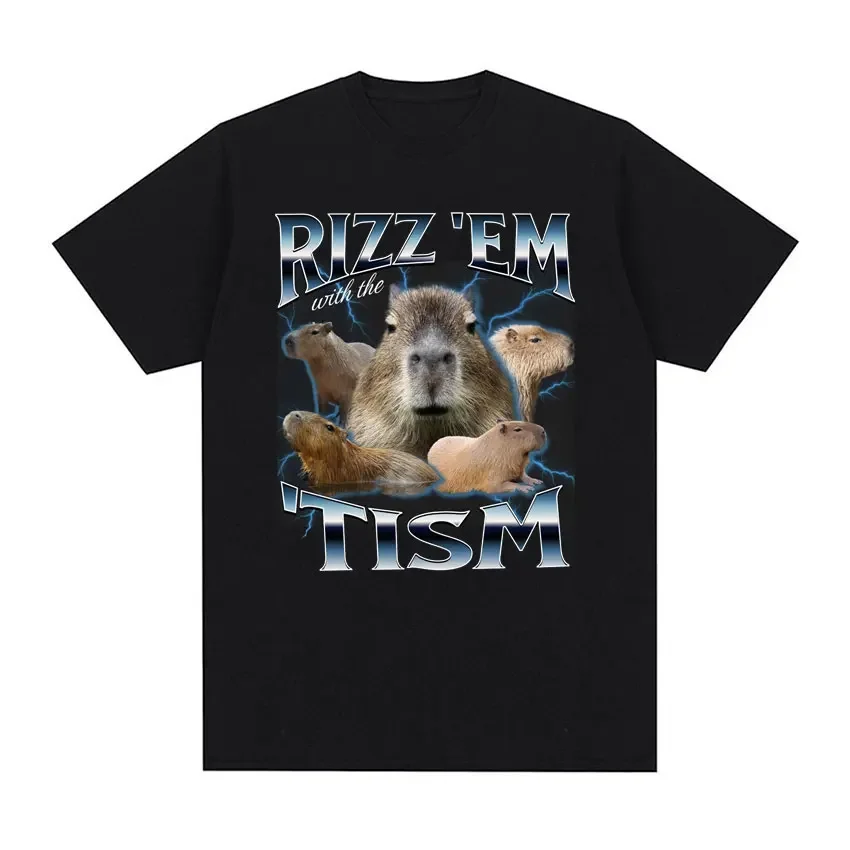 Rizz Em with The Tism Retro T Shirt Funny Cute Kawaii Capybara Meme T-shirt Men Women Vintage Oversized Cotton Tshirt Streetwear