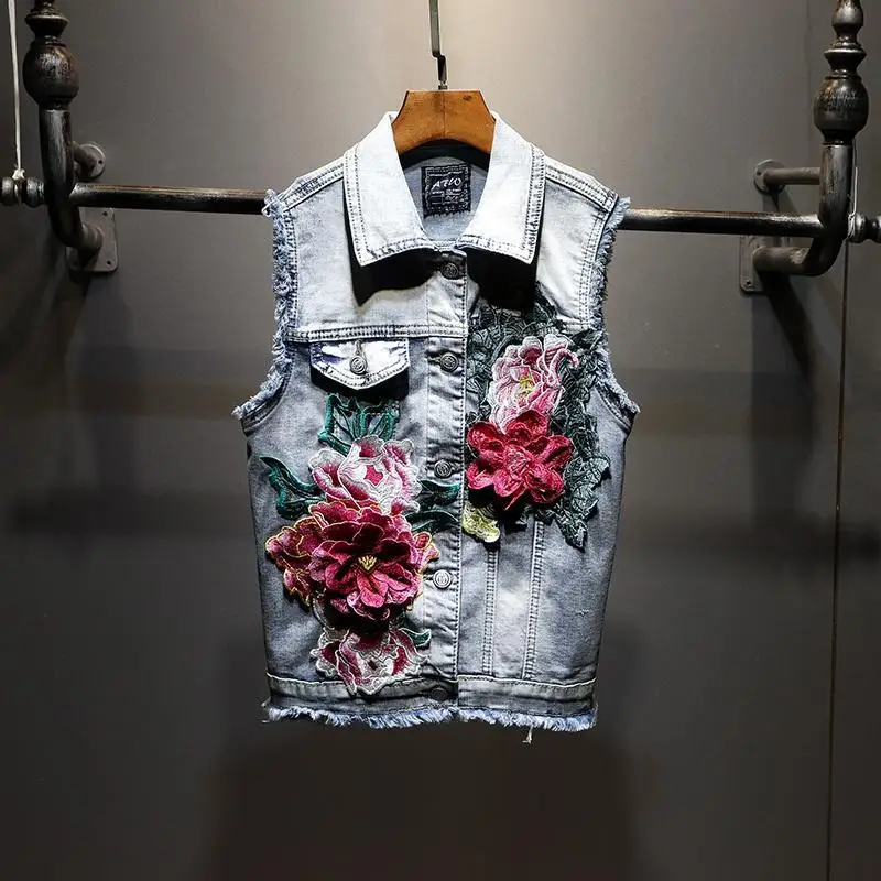 

Heavy Industry Three-dimensional Embroidery Flower Sleeveless Denim Vest Women's Fashion Slim Single-breasted Short Jacket