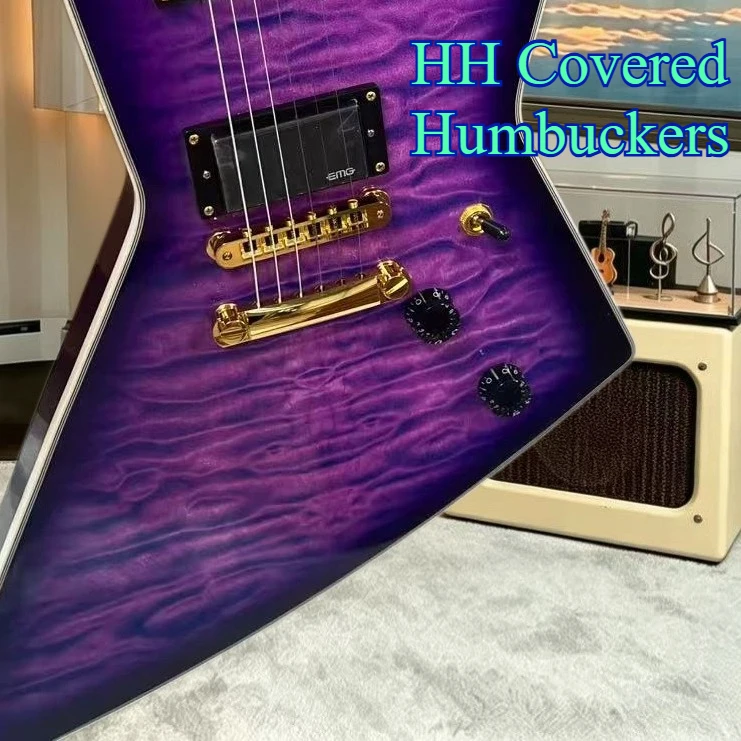 Purple Quilted E Electric Guitar HH Covered Humbuckers Multi‑Layer White Binding Gold Hardware Heavy‑Metal Hard‑Rock